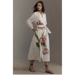 Anthropologie Belted V Neck Long Sleeve Midi Dress Sz Sm Ivory